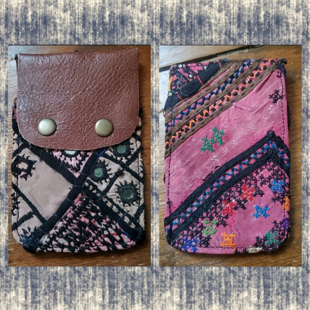 🧠🍳 Free People Boho Embroidered Repurposed vtg banjara hippie Wallet card case